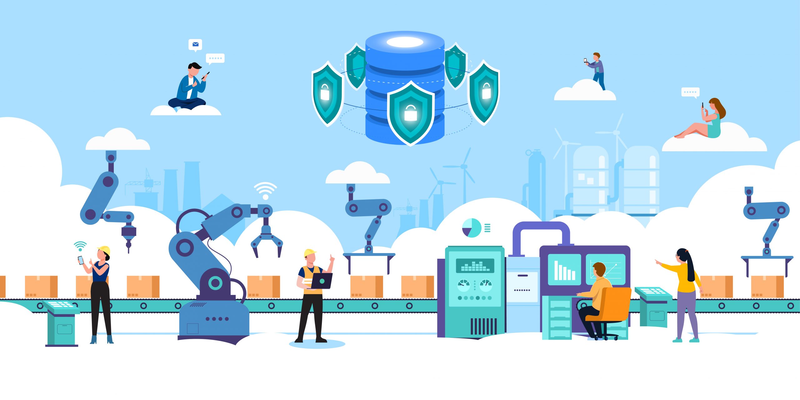 Smart industry 4.0 Internet of things technology Cloud Computing, Efficient smart factory with workers and robots. vector illustration
